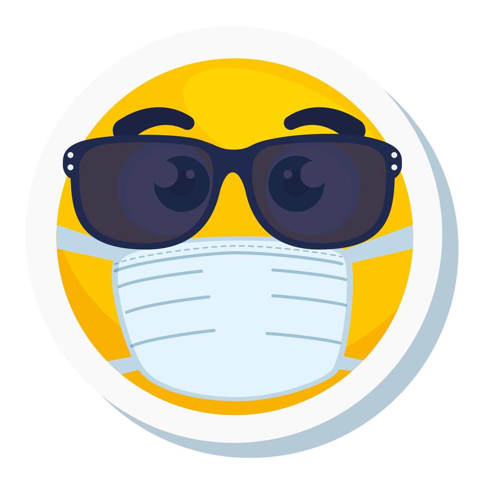 emoji con gafas de sol con máscara médica, cara amarilla con gafas de sol con máscara quirúrgica blanca vector