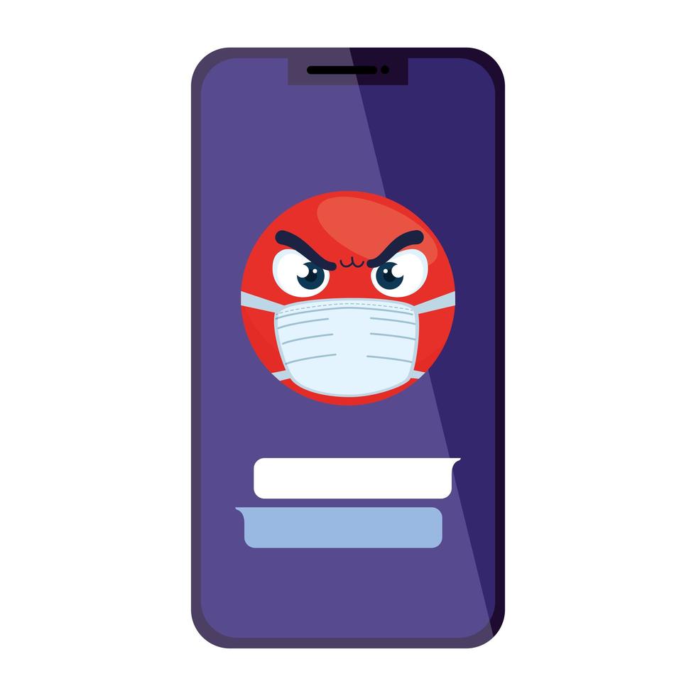 Smartphone con emoji enojado con máscara médica sobre fondo blanco. vector