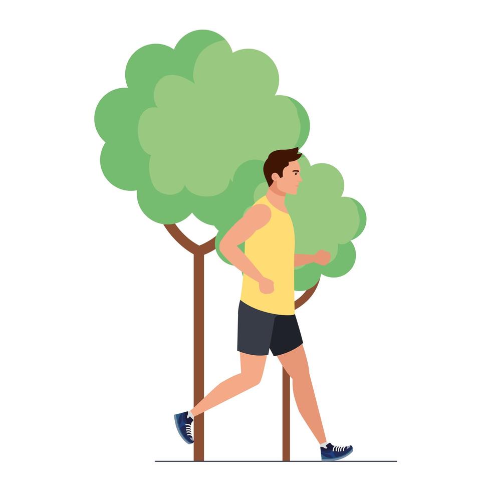 Hombre corriendo en la naturaleza, atleta masculino con planta de árbol sobre fondo blanco. vector