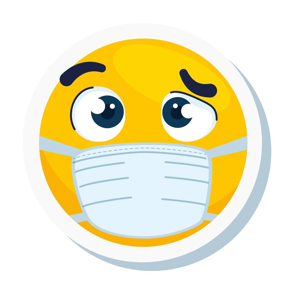 emoji incrédulo con máscara médica, rostro amarillo incrédulo con el icono de máscara quirúrgica blanca vector