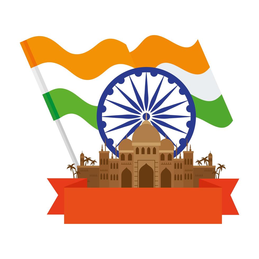 Taj Mahal, famoso monumento con rueda de ashoka azul y bandera india vector