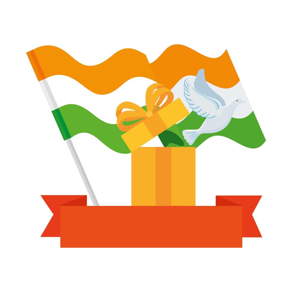 white dove coming out of gift box with flags india and ribbon on white background vector