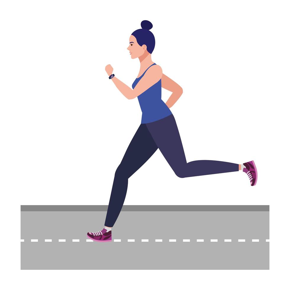 woman running on highway, woman in sportswear jogging, female athlete on white background vector