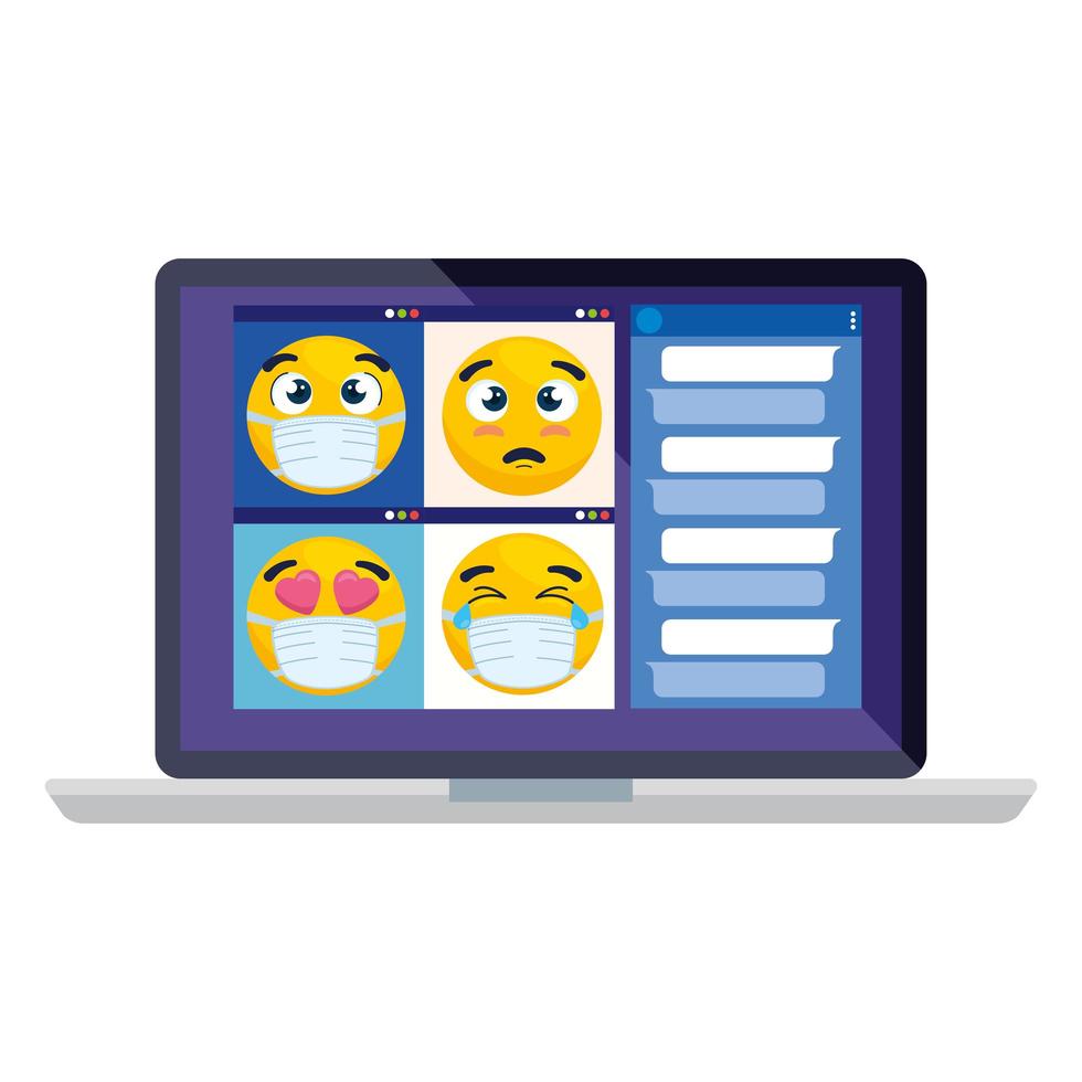 emojis wearing medical mask in page on video call, yellow faces using white surgical mask in laptop computer vector