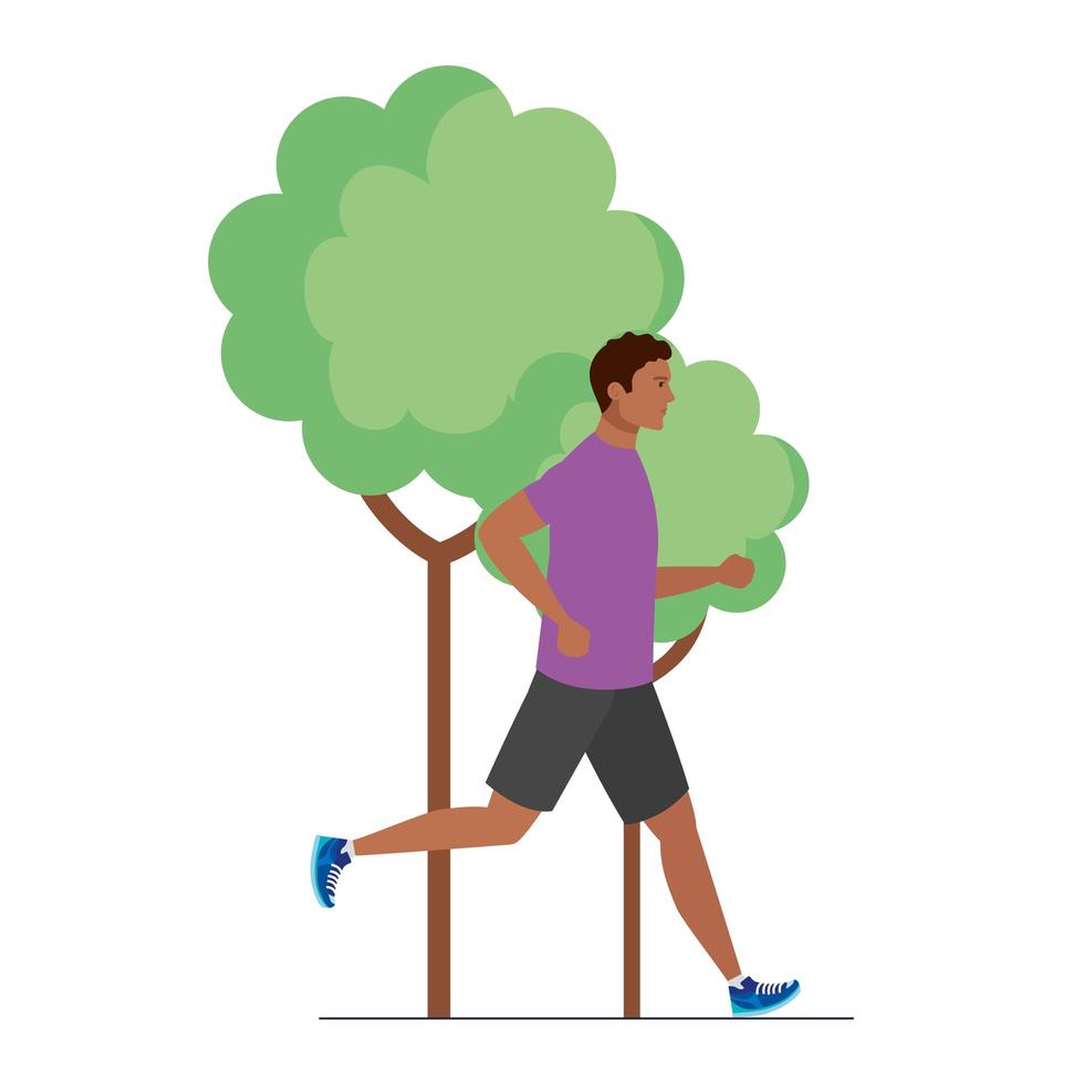 Hombre afro corriendo en la naturaleza, atleta afro masculino con planta de árbol sobre fondo blanco. vector