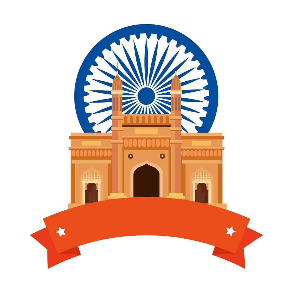gateway, famous monument with blue ashoka wheel indian symbol and ribbon vector