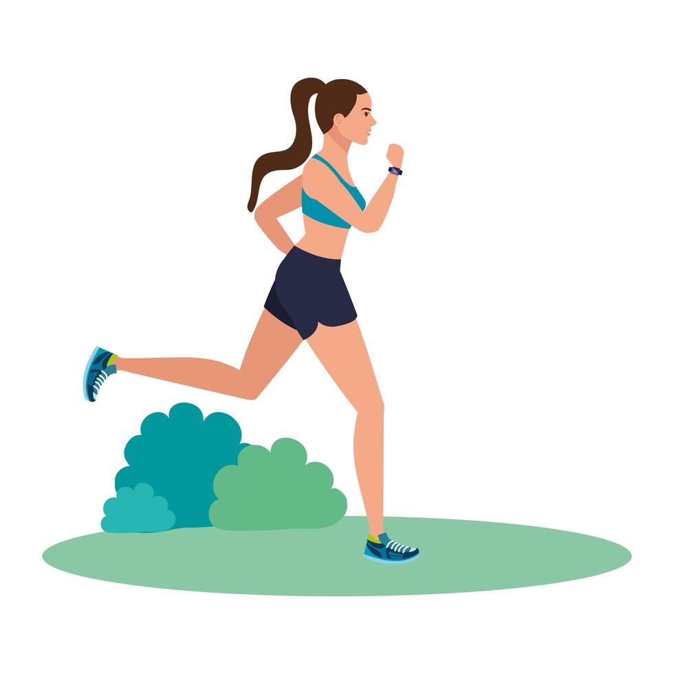 Mujer corriendo sobre el césped, mujer en ropa deportiva para correr, atleta femenina sobre fondo blanco. vector
