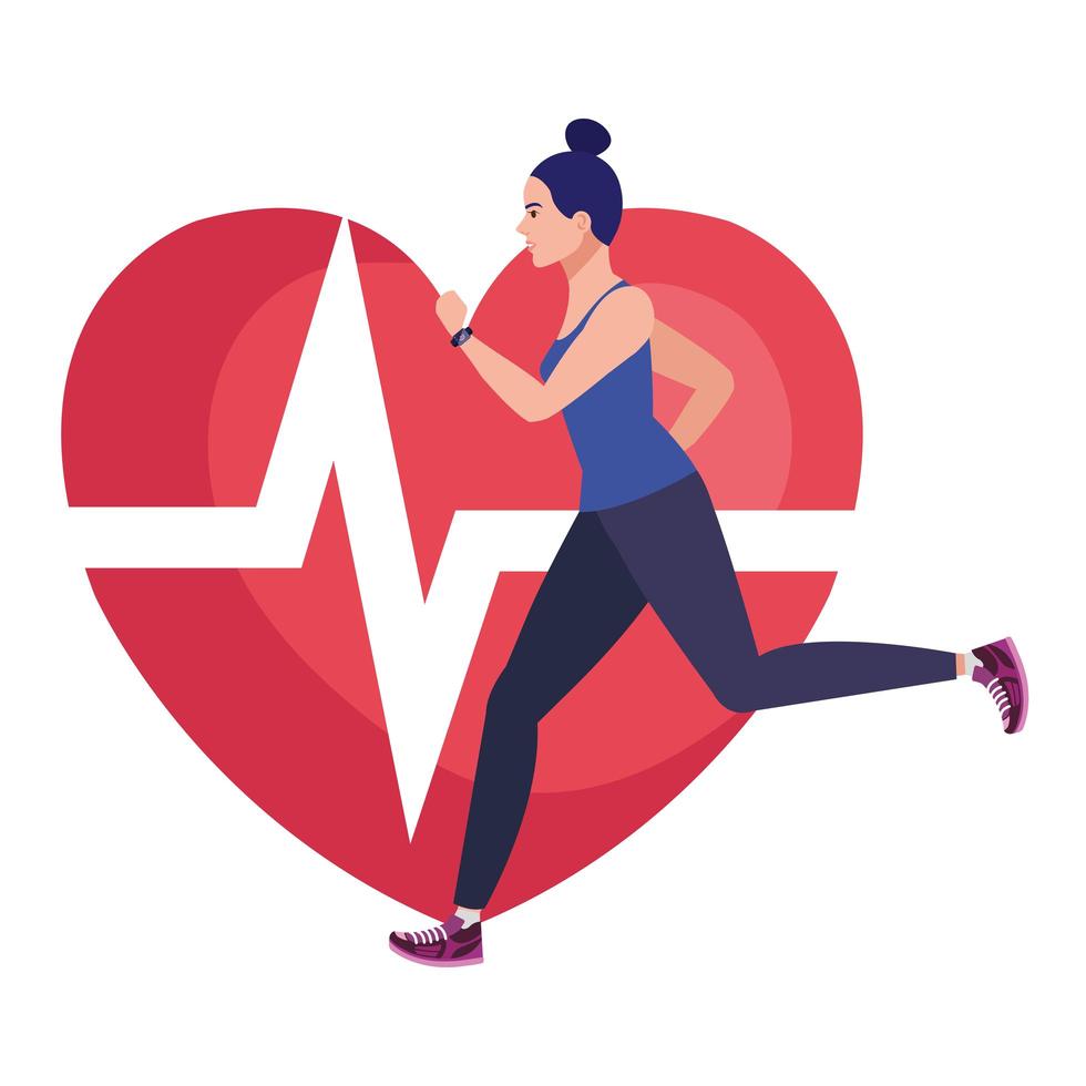 woman running with heart pulse on background, female athlete with cardiology heart vector