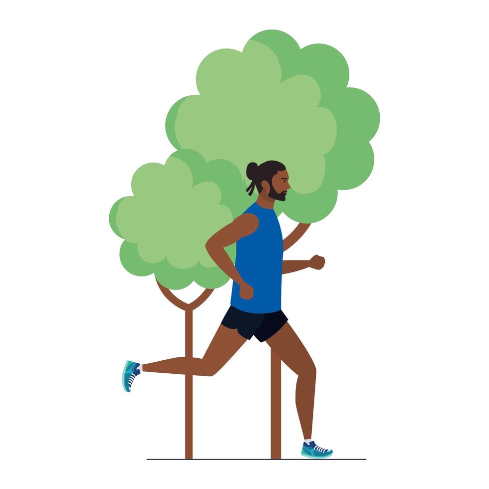 Hombre afro corriendo en la naturaleza, atleta afro masculino con planta de árbol sobre fondo blanco. vector