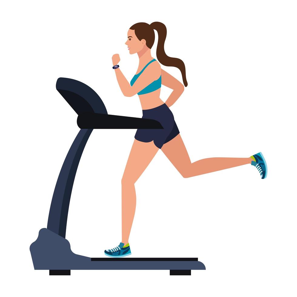 sport, woman running on treadmill, sport person at the electrical training machine on white background vector