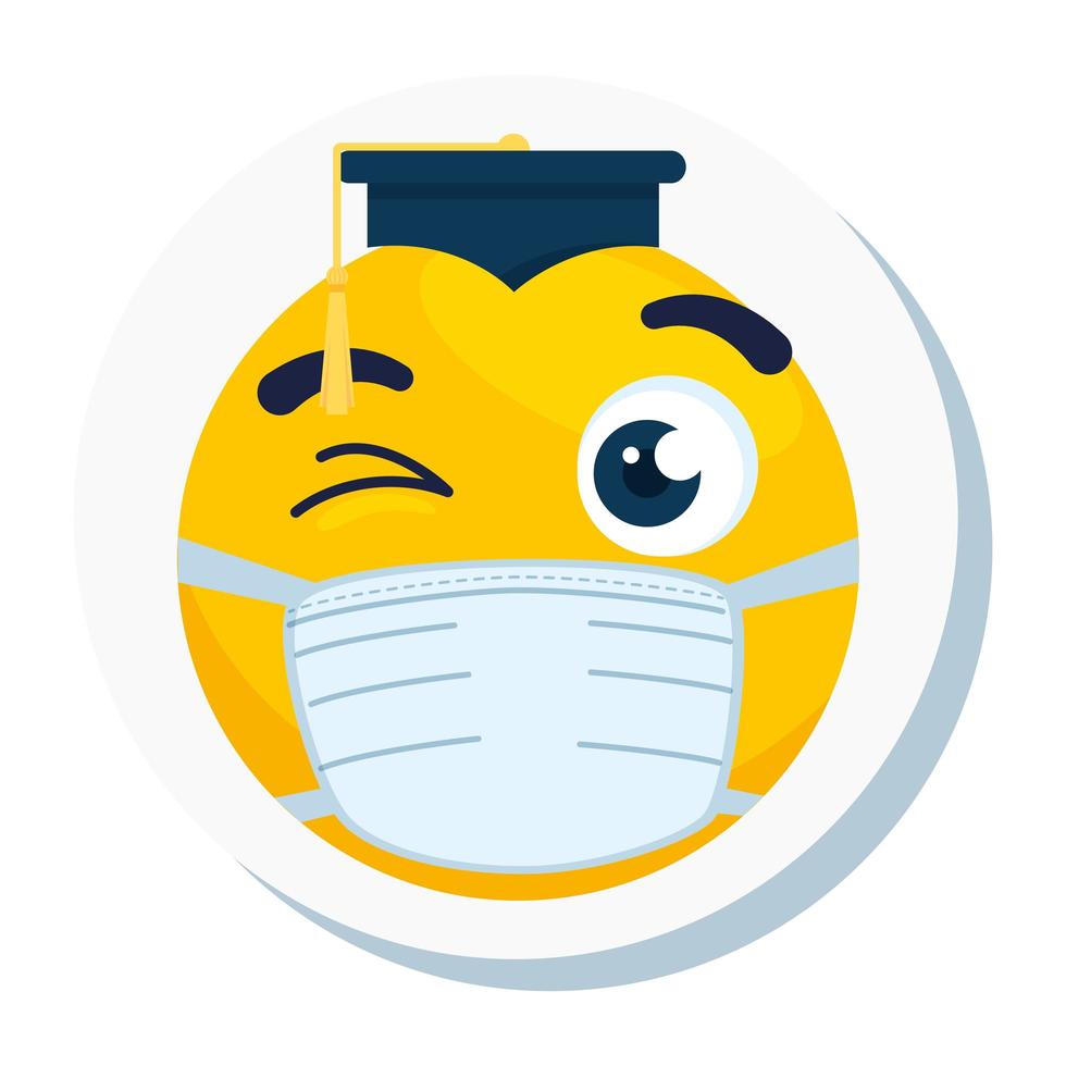 emoji con sombrero de graduación con máscara médica, cara amarilla con sombrero de graduación con icono de máscara quirúrgica blanca vector
