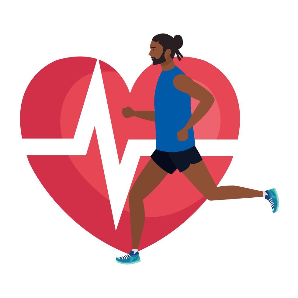 man afro running with heart pulse on background, male afro athlete with cardiology heart vector
