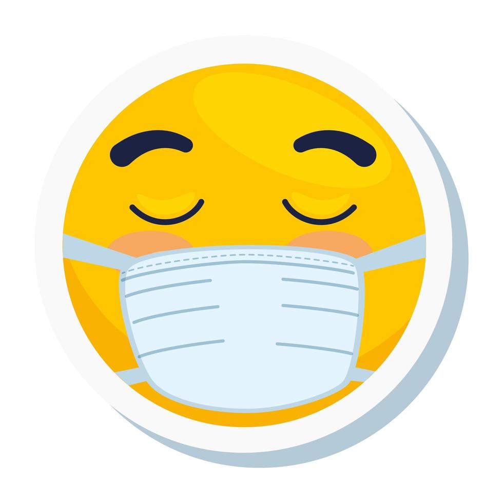 emoji with eyes closed wearing medical mask, yellow face with eyes closed using white surgical mask icon vector