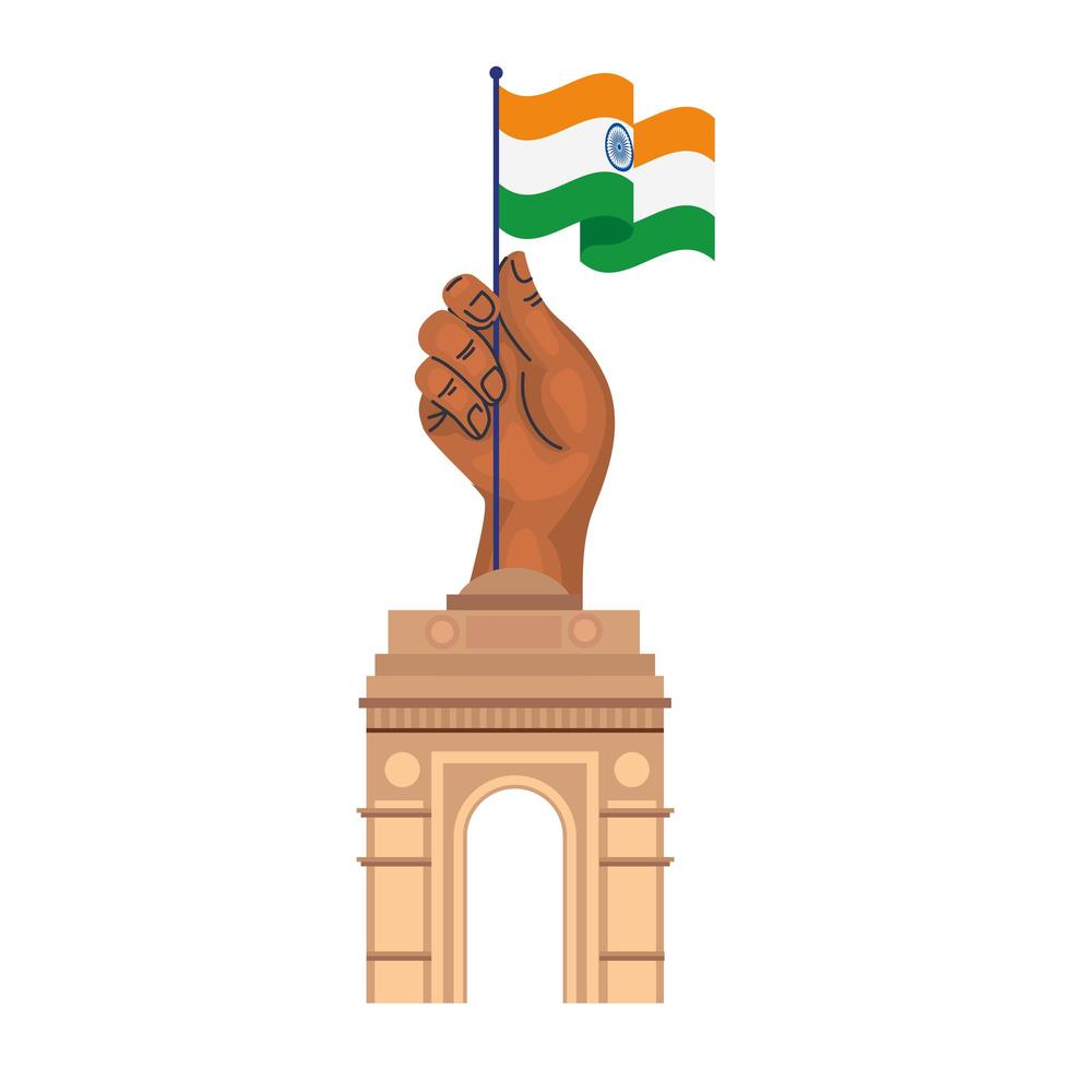 puerta de la india, famoso monumento y mano con bandera india vector