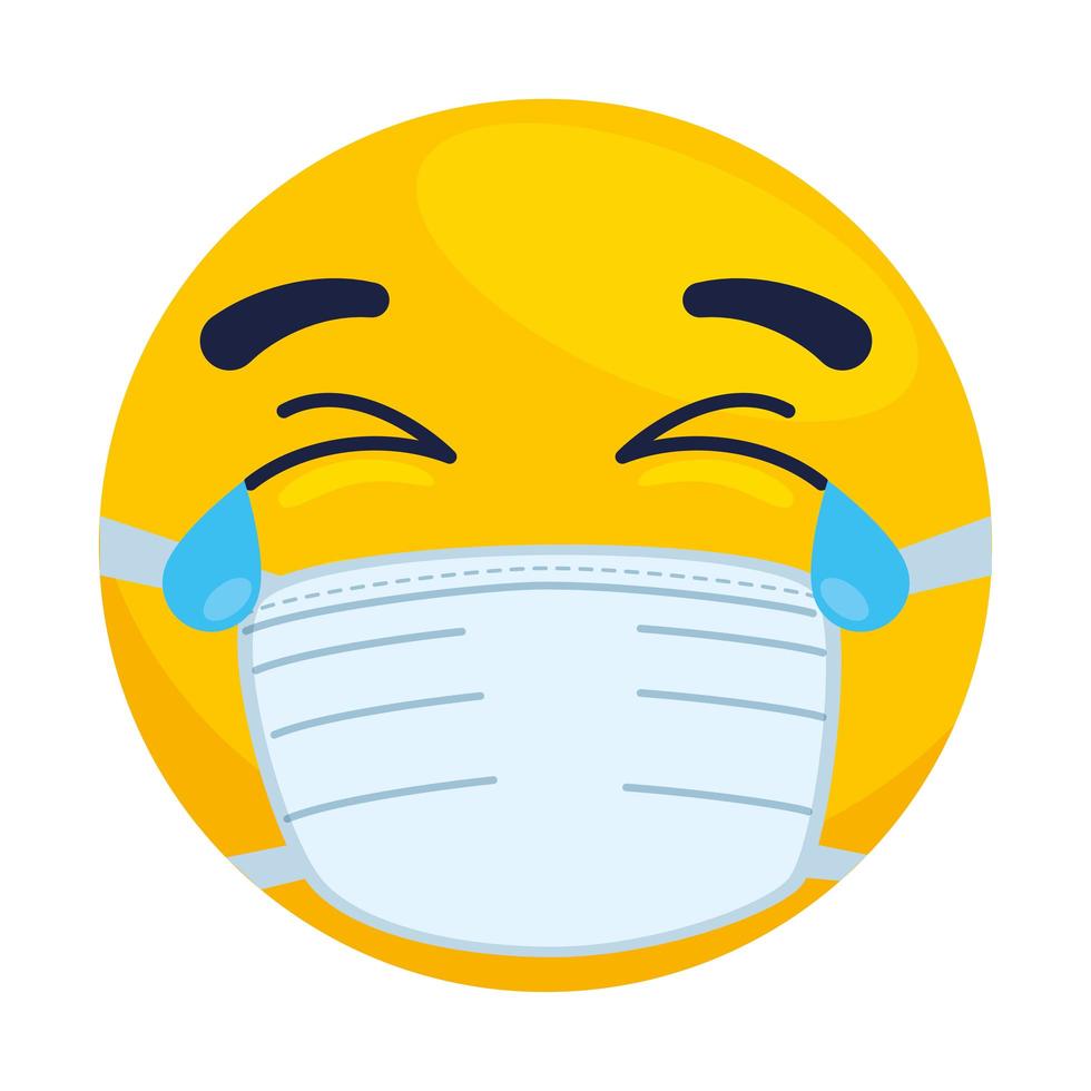 emoji llorando con máscara médica, cara amarilla llorando con icono de máscara quirúrgica blanca vector