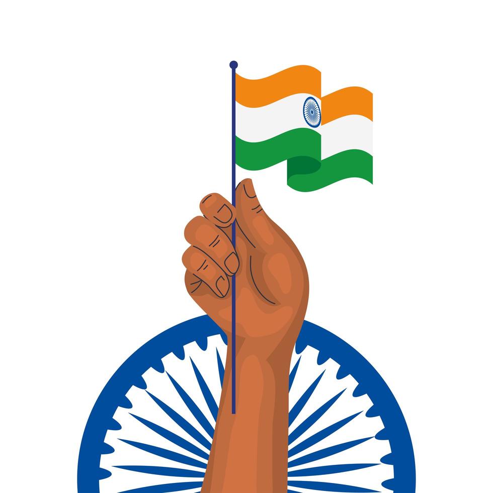 Mano con la bandera de la India y la rueda de Ashoka azul símbolo indio sobre fondo blanco. vector