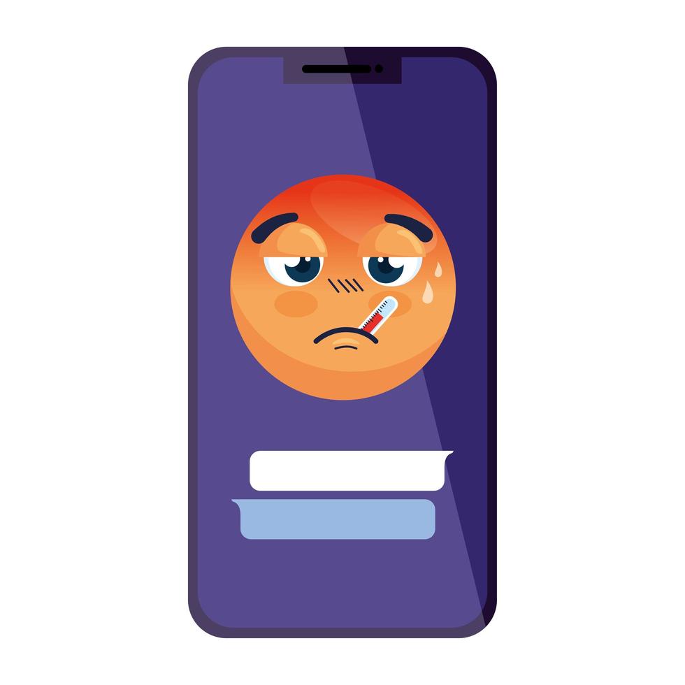 emoji with fever in smartphone, face red with fever disease on smartphone vector