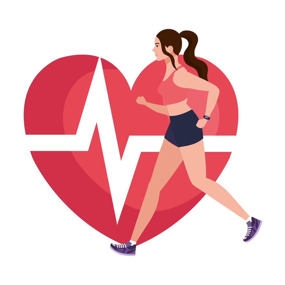 woman running with heart pulse on background, female athlete with cardiology heart vector