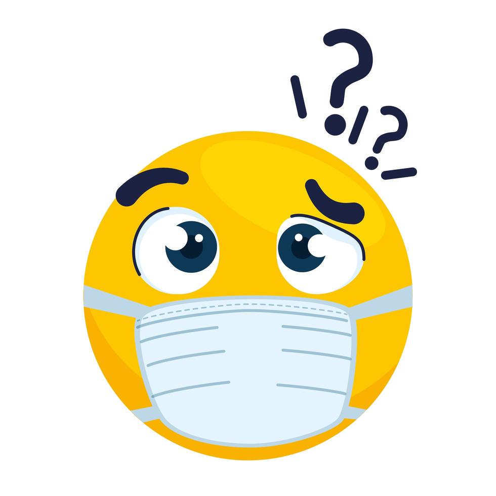 emoji thoughtful wearing medical mask, yellow face thoughtful with a white surgical mask icon vector