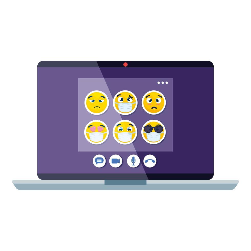 emojis wearing medical mask in page on video call, yellow faces using white surgical mask in laptop computer vector