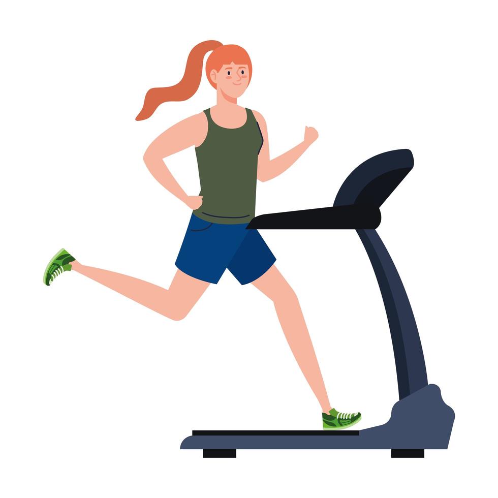 sport, woman running on treadmill, sport person at the electrical training machine vector