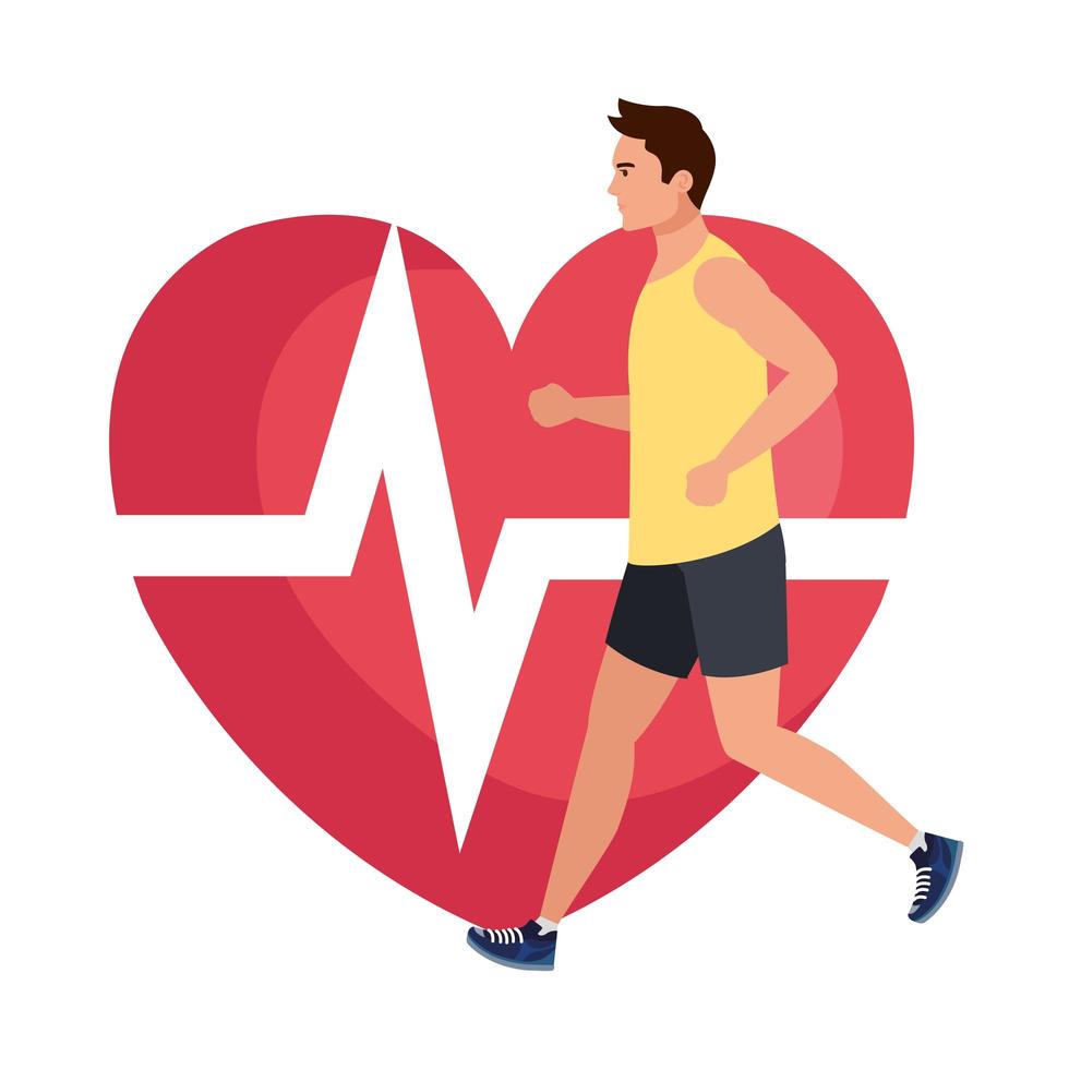 man running with heart pulse on background, male athlete with cardiology heart vector