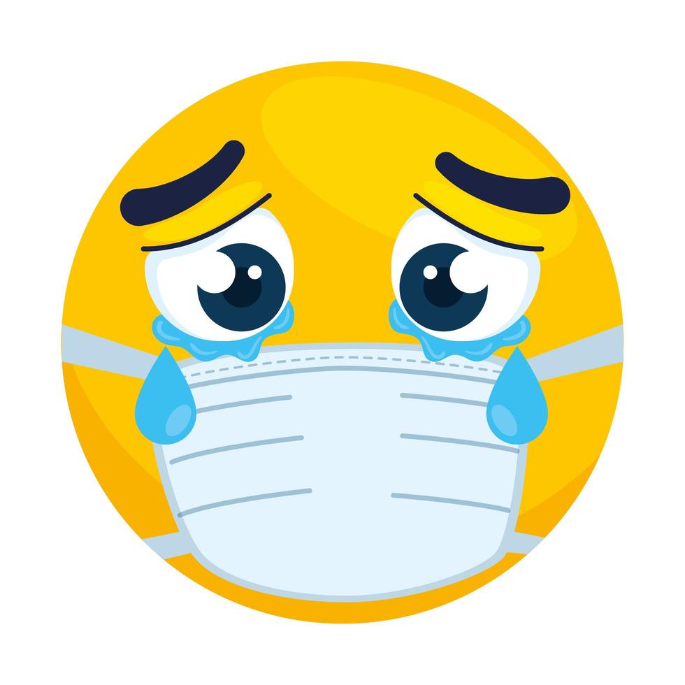 emoji llorando con máscara médica, cara amarilla llorando con icono de máscara quirúrgica blanca vector