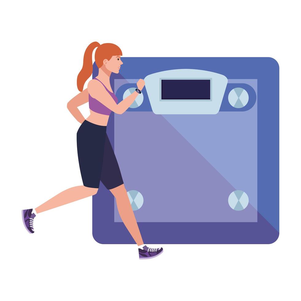 woman running with weighing scale background, female athlete with weighing machine on white background vector