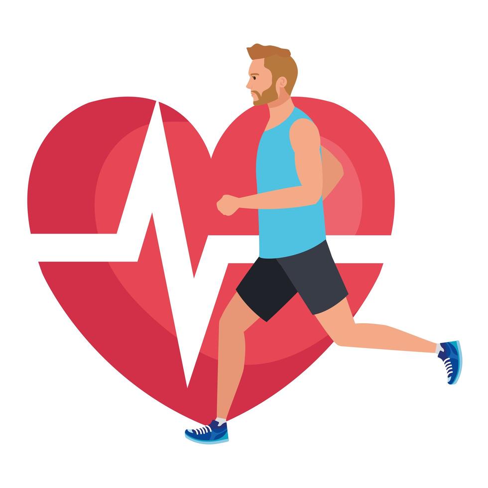 man running with heart pulse on background, male athlete with cardiology heart vector