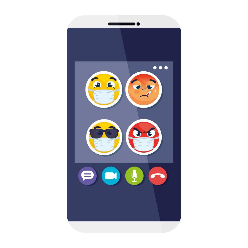 Smartphone con emojis con máscara médica sobre fondo blanco. vector