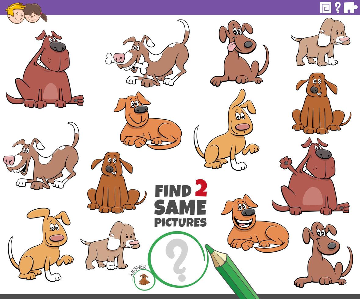 Encuentra dos juegos de imágenes de perros iguales para niños vector