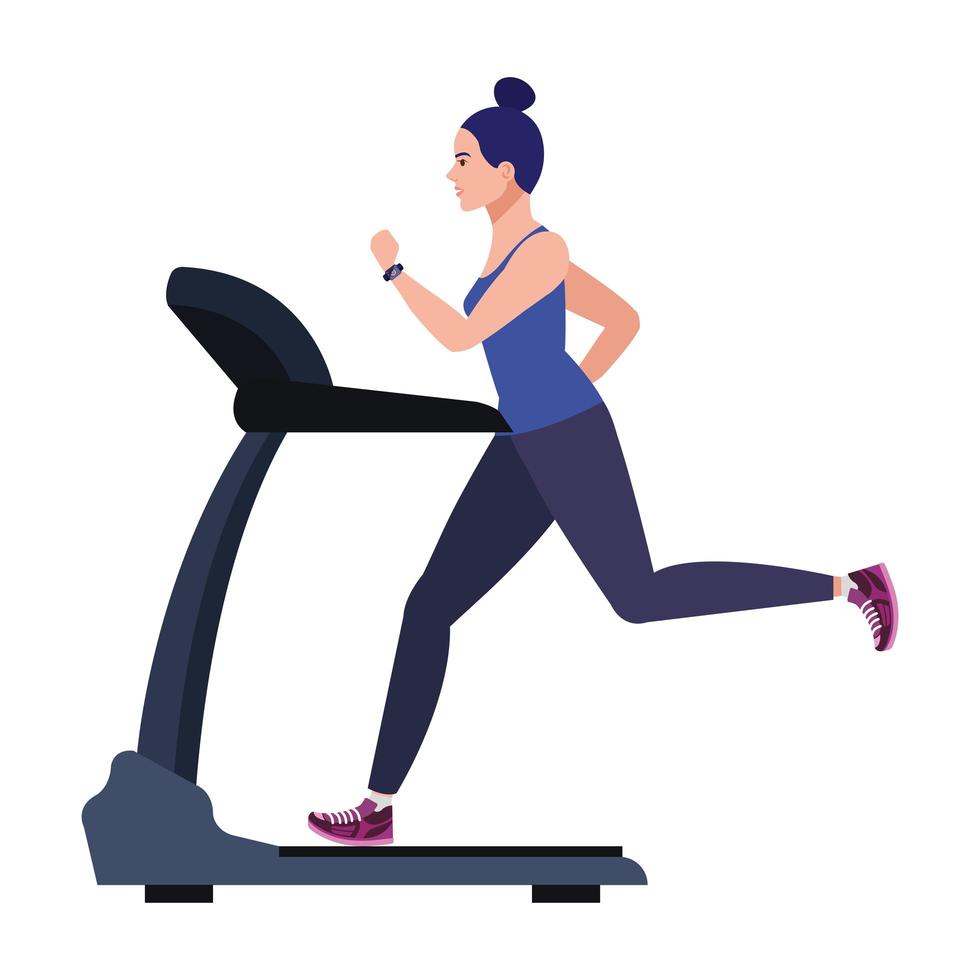 sport, woman running on treadmill, sport person at the electrical training machine on white background vector