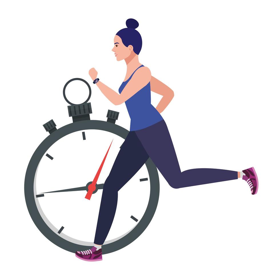 Mujer corriendo con cronómetro, atleta femenina con cronómetro sobre fondo blanco. vector