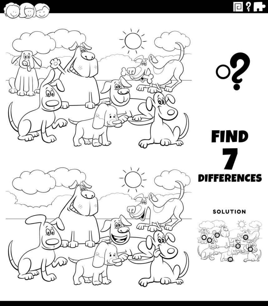 Tarea de diferencias con perros de dibujos animados página de libro de color vector