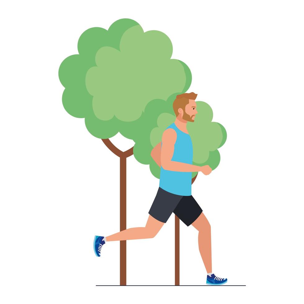 Hombre corriendo en la naturaleza, atleta masculino con planta de árbol sobre fondo blanco. vector