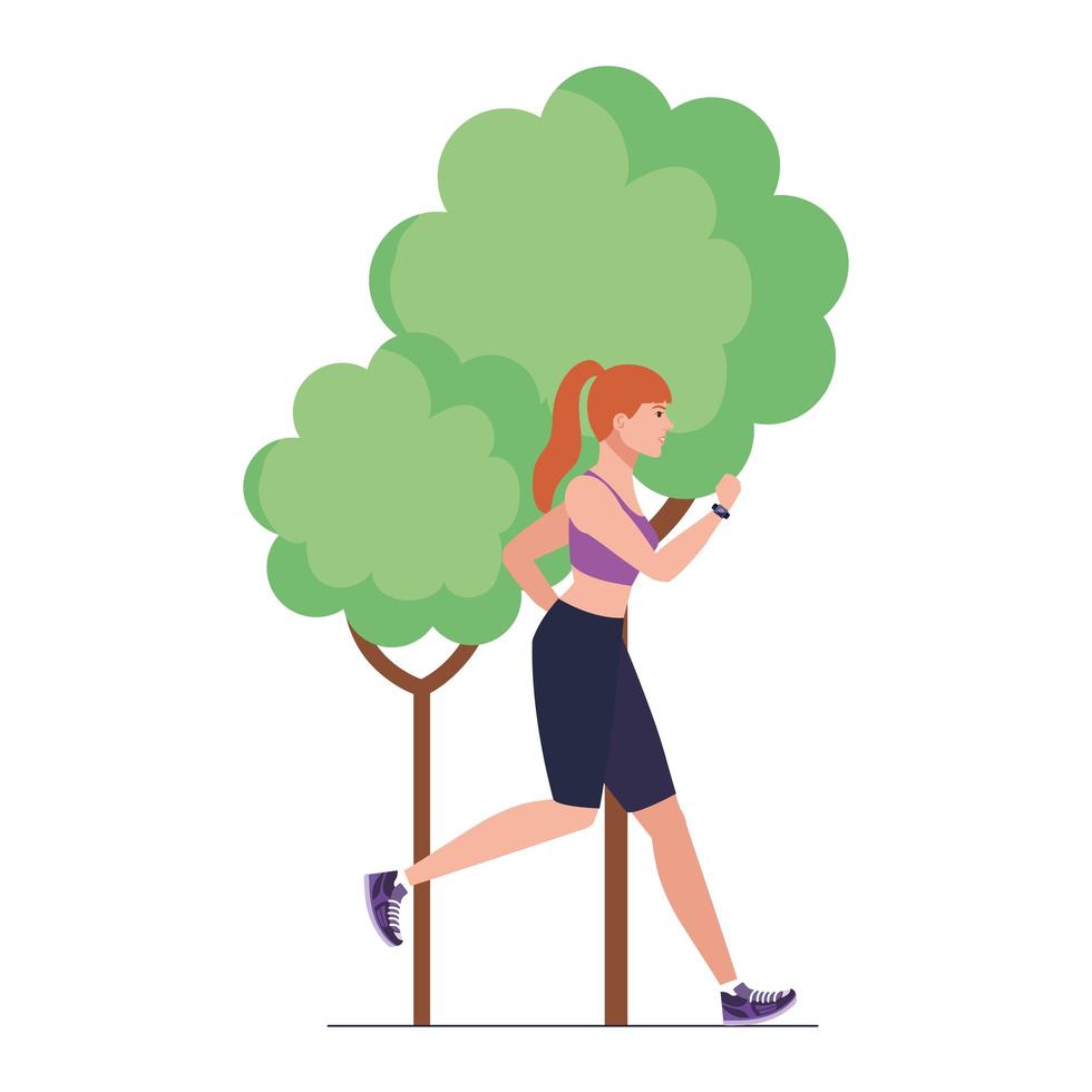 Mujer corriendo en la naturaleza, mujer en ropa deportiva trotar con planta de árbol sobre fondo blanco. vector