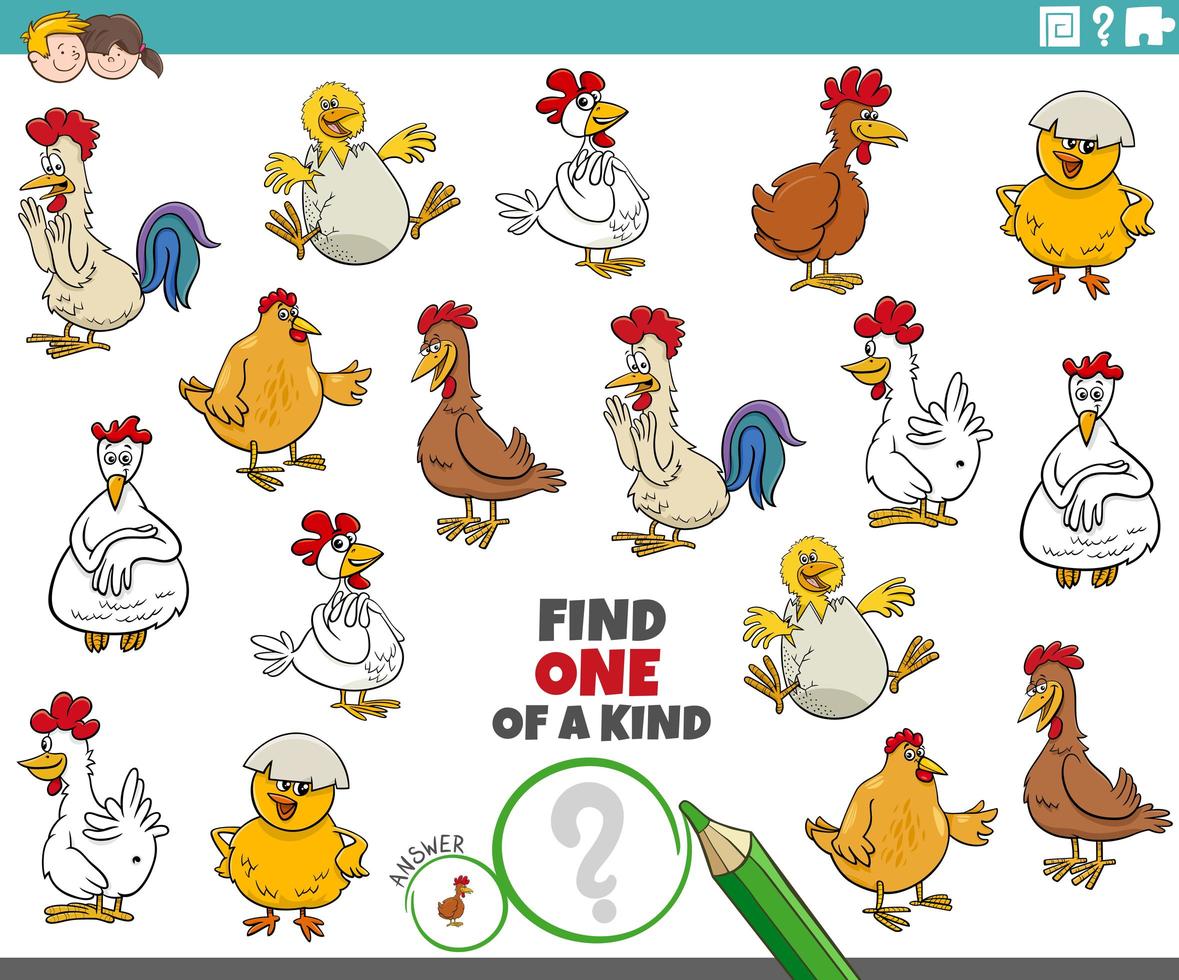 one of a kind game for children with cartoon chickens vector