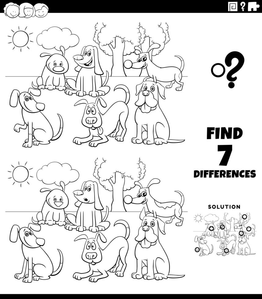 Diferencias tarea con perros de dibujos animados página de libro para colorear vector