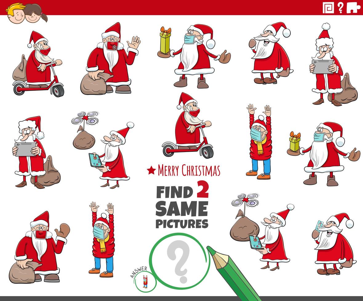 encuentra dos mismos personajes de santa claus juego educativo vector