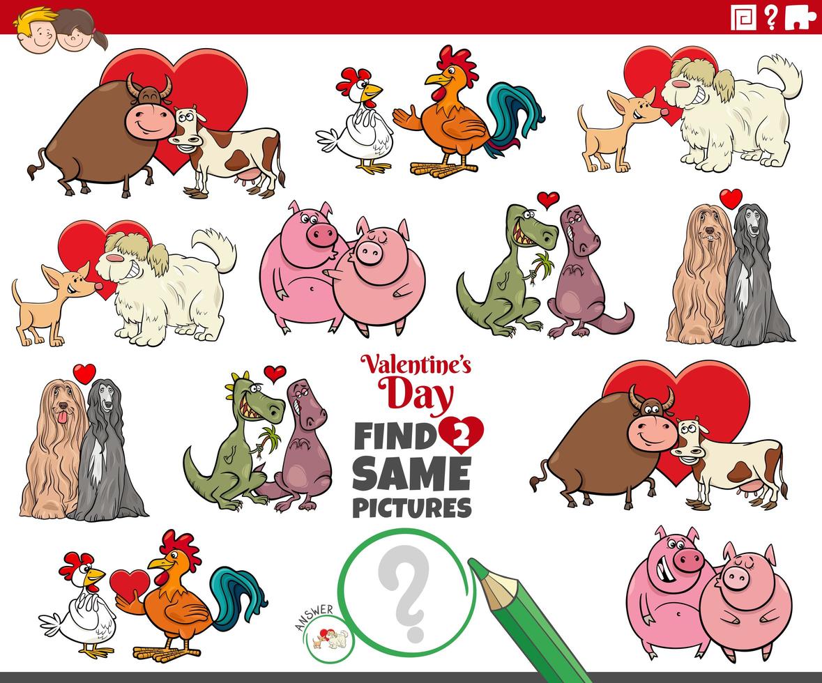 find two same cartoon animal couples at Valentines day vector