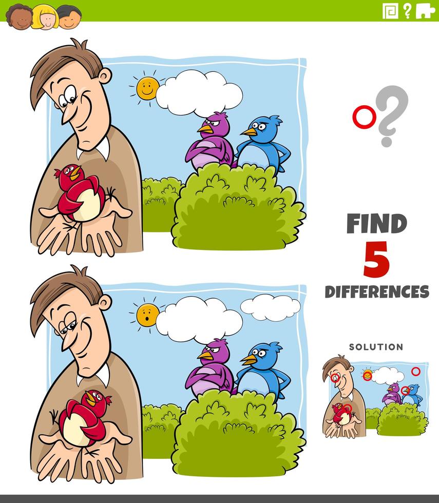 differences educational task for kids with bird in the hand saying vector