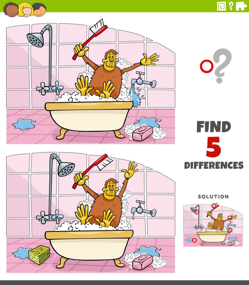 Diferencias tarea educativa para niños con simios tomando un baño. vector