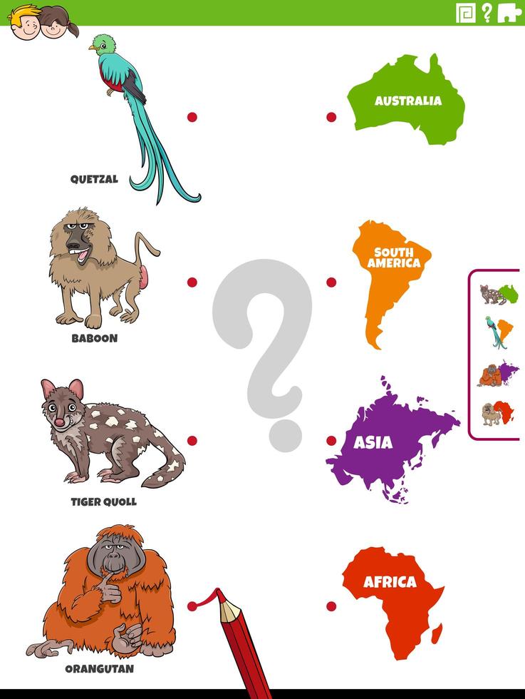 emparejar especies de animales y continentes juego educativo vector