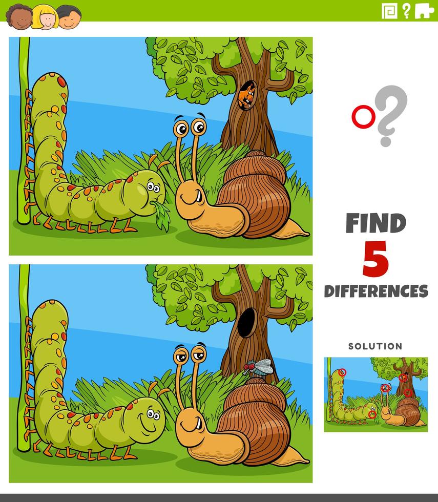 Diferencias tarea educativa para niños con oruga, caracol y mosca. vector