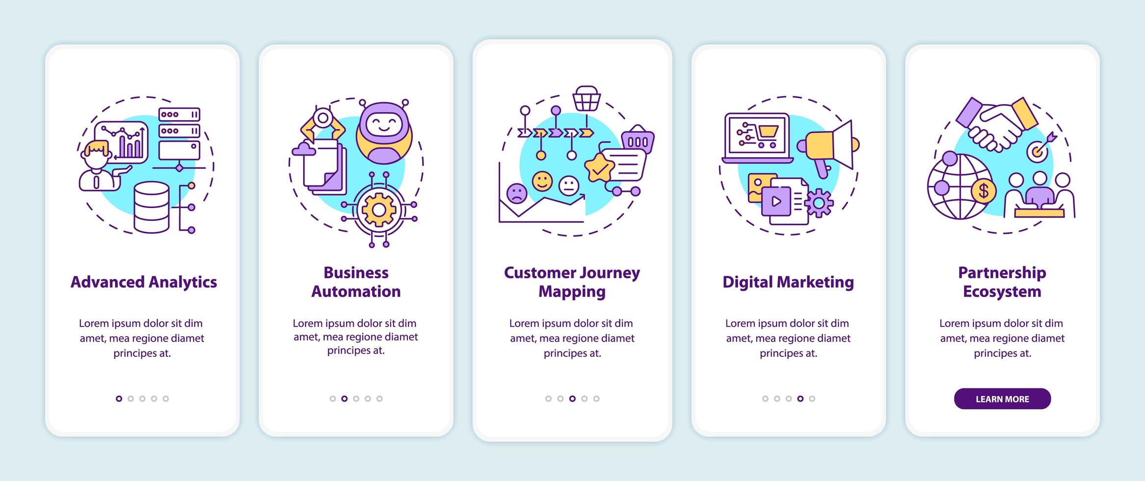 Digital consulting components onboarding mobile app page screen with concepts vector