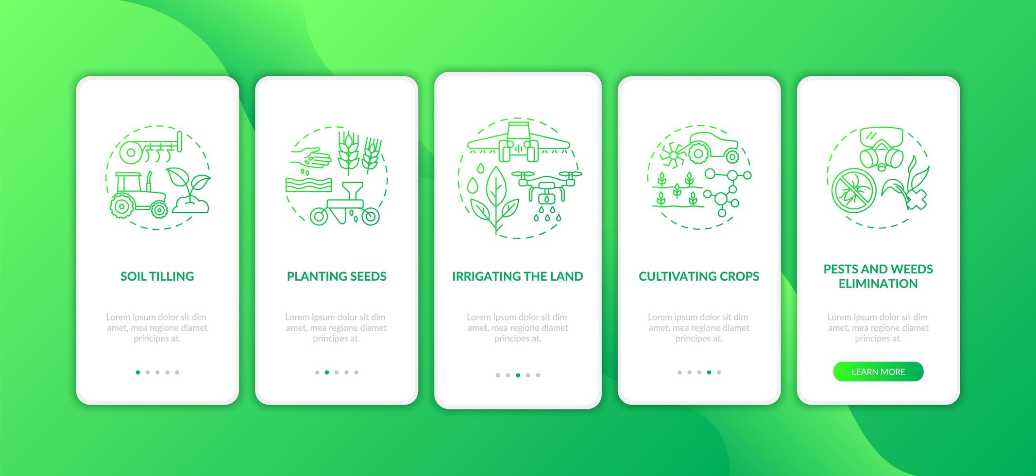 Agriculture machines tasks onboarding mobile app page screen with concepts vector