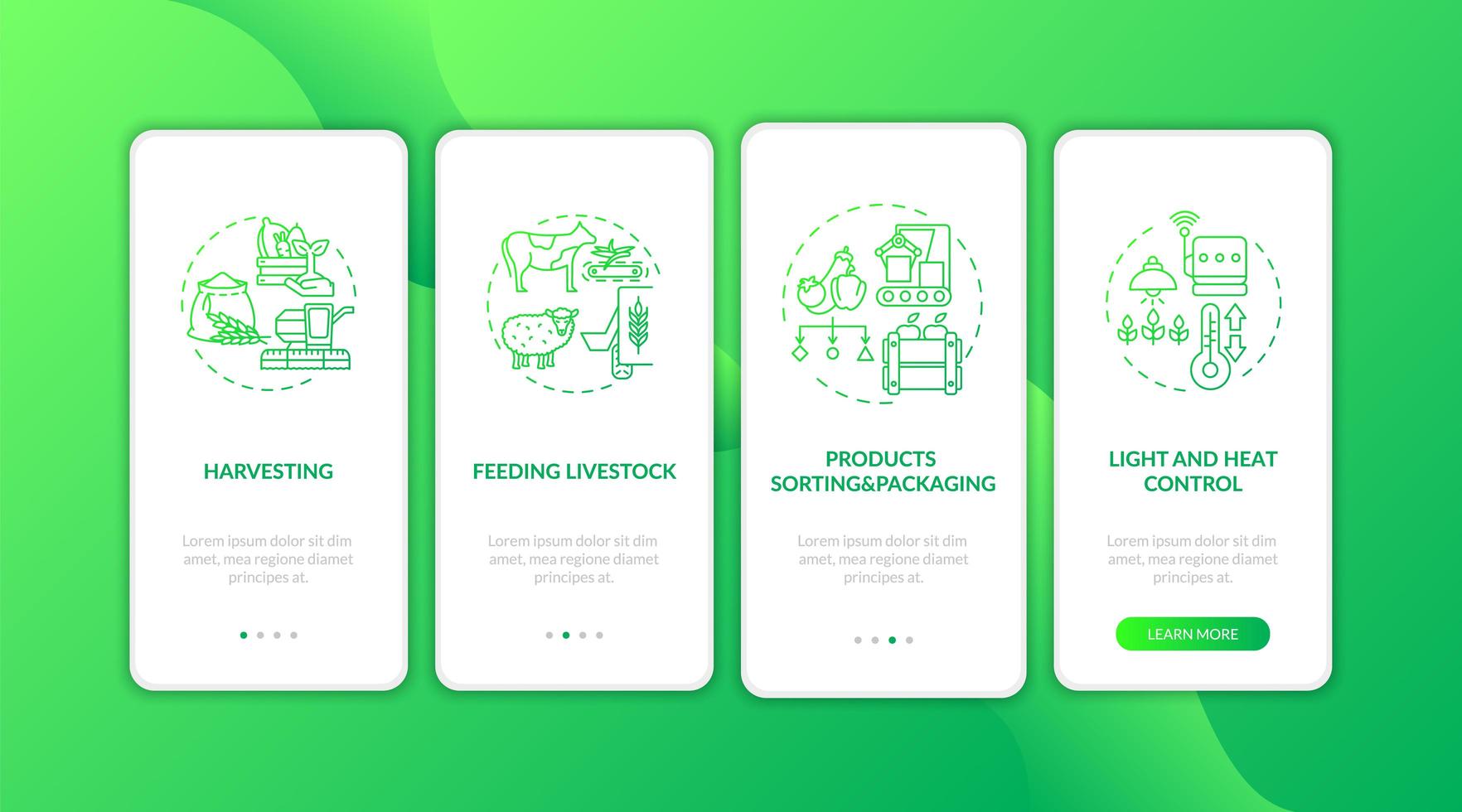 Agriculture machines types onboarding mobile app page screen with concepts vector