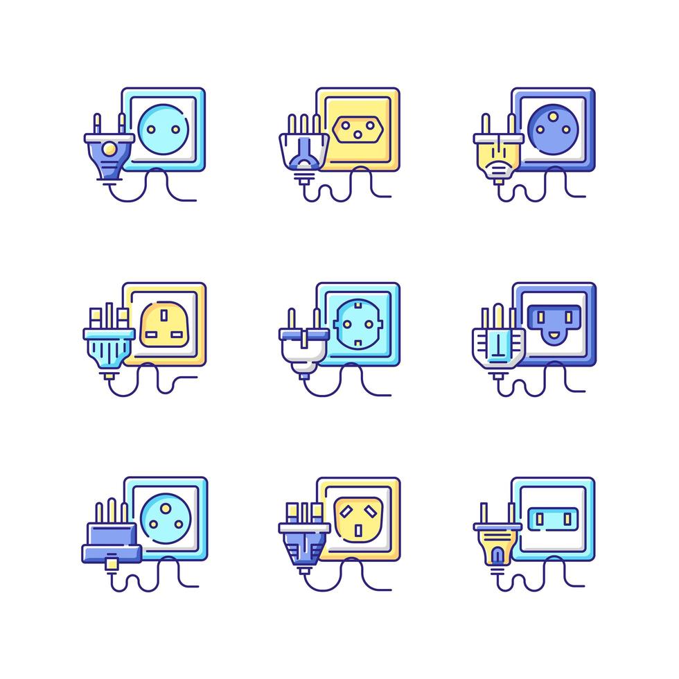 Conjunto de iconos de colores rgb de diferentes tomas de corriente vector