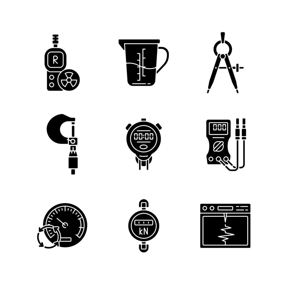 Instrumentos de medición iconos de glifo negro en espacio en blanco vector