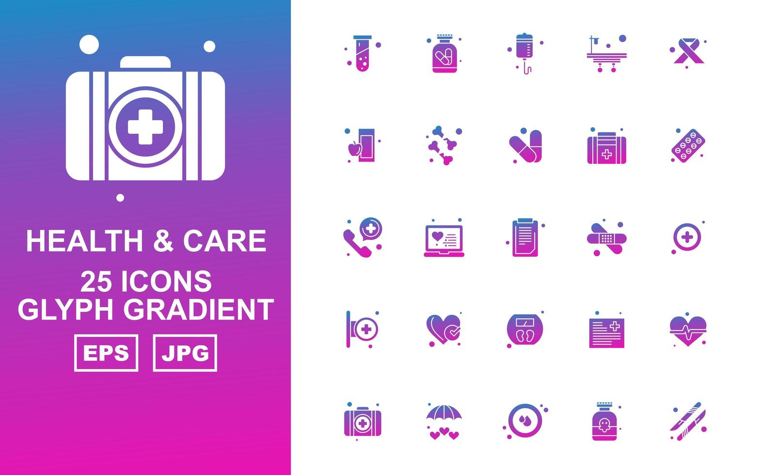 25 paquete de iconos de degradado de glifos de salud y cuidado premium vector